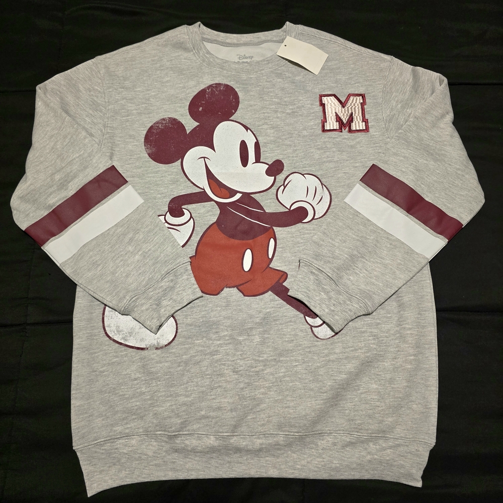 Disney Mickey Mouse Varsity Crewneck Sweater Gray Maroon Juniors NWT Size‎ Small